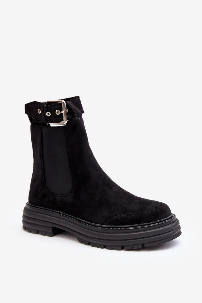Online Zamszowe Botki Sztyblety Na Masywnej Podeszwie Czarne Ozaro Damskie Botki Ocieplane|Czarne Botki