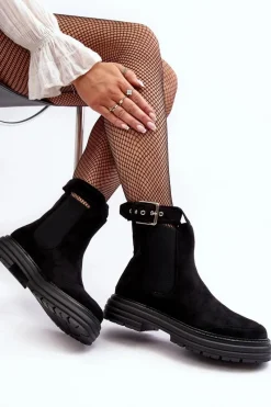 Online Zamszowe Botki Sztyblety Na Masywnej Podeszwie Czarne Ozaro Damskie Botki Ocieplane|Czarne Botki