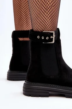 Online Zamszowe Botki Sztyblety Na Masywnej Podeszwie Czarne Ozaro Damskie Botki Ocieplane|Czarne Botki