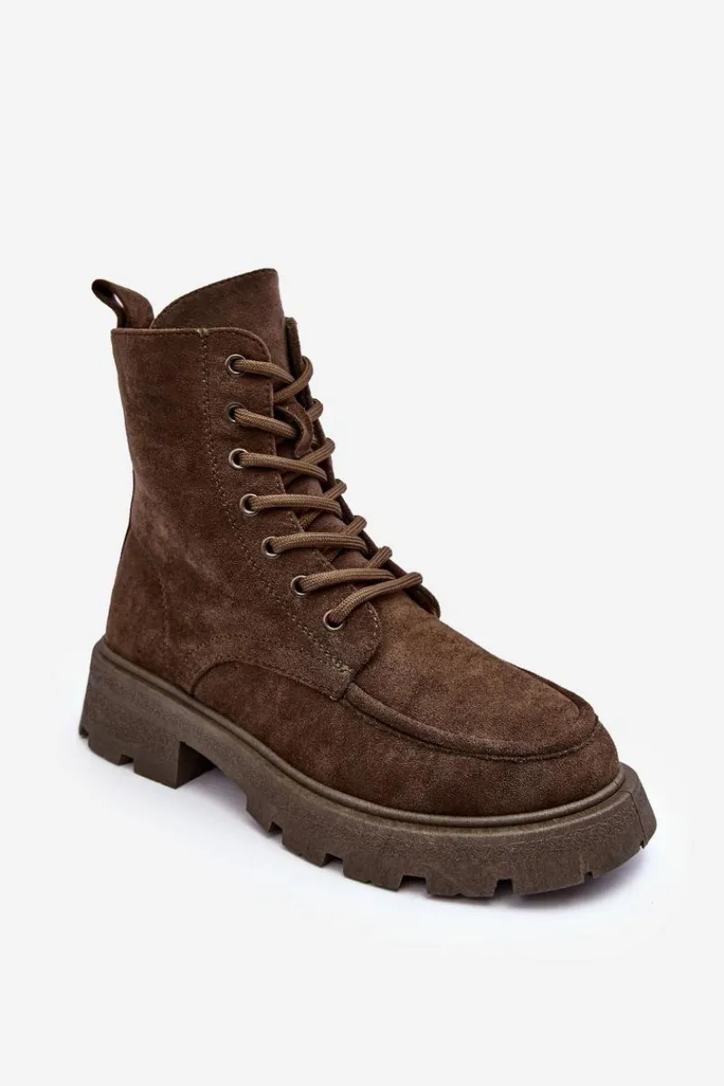 Best Zamszowe Botki Trapery Ocieplane Na Płaskim Obcasie Ciemnozielone Zikey Damskie Damskie Trapery|Botki Sznurowane