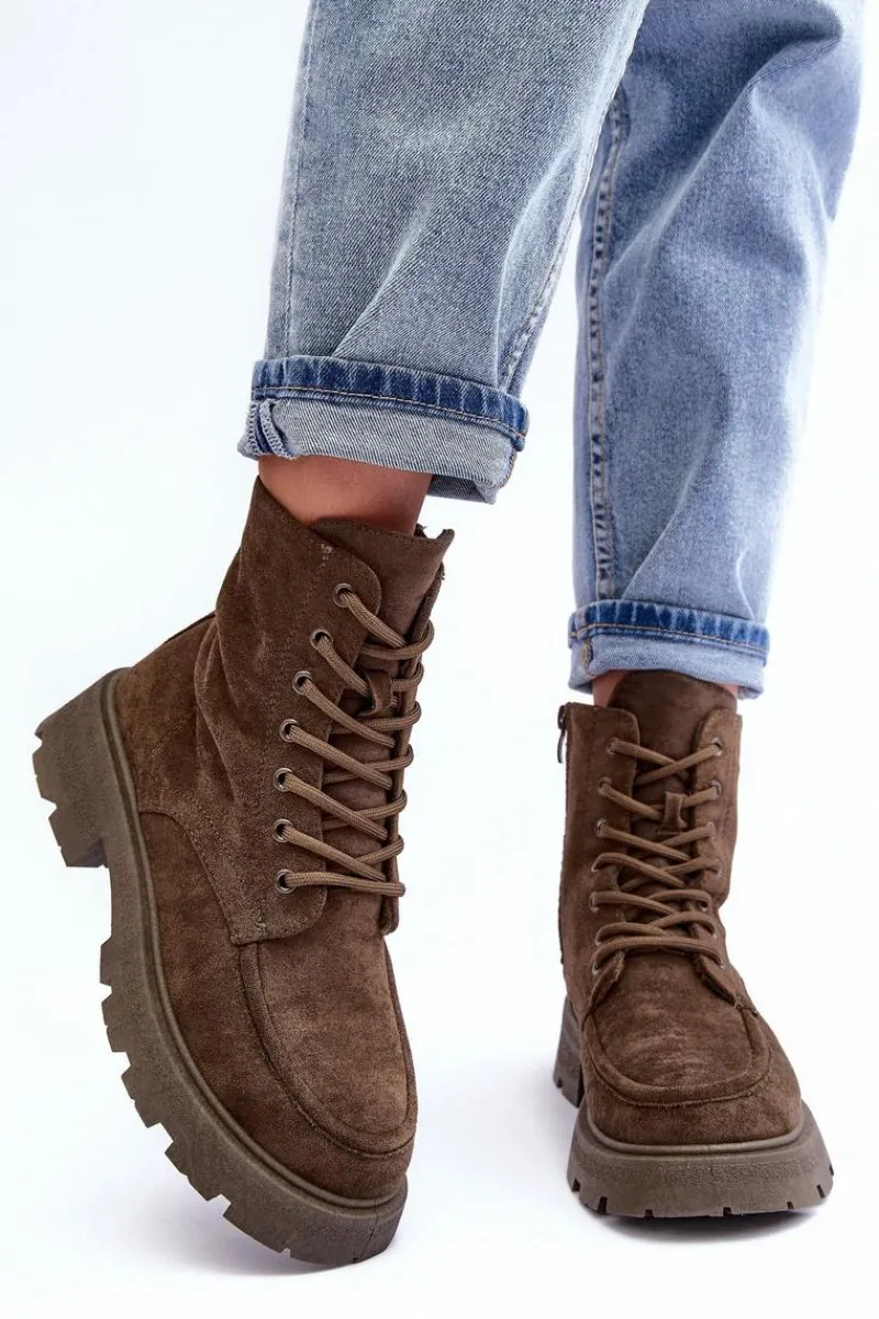 Best Zamszowe Botki Trapery Ocieplane Na Płaskim Obcasie Ciemnozielone Zikey Damskie Damskie Trapery|Botki Sznurowane