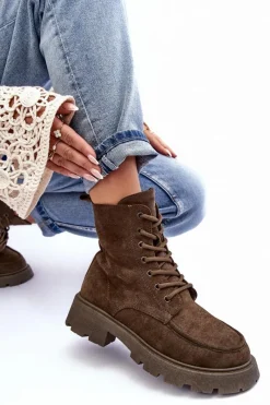 Best Zamszowe Botki Trapery Ocieplane Na Płaskim Obcasie Ciemnozielone Zikey Damskie Damskie Trapery|Botki Sznurowane