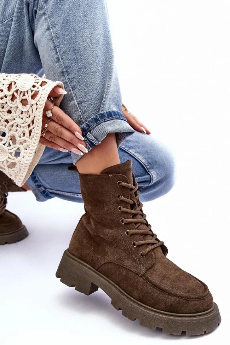Best Zamszowe Botki Trapery Ocieplane Na Płaskim Obcasie Ciemnozielone Zikey Damskie Damskie Trapery|Botki Sznurowane