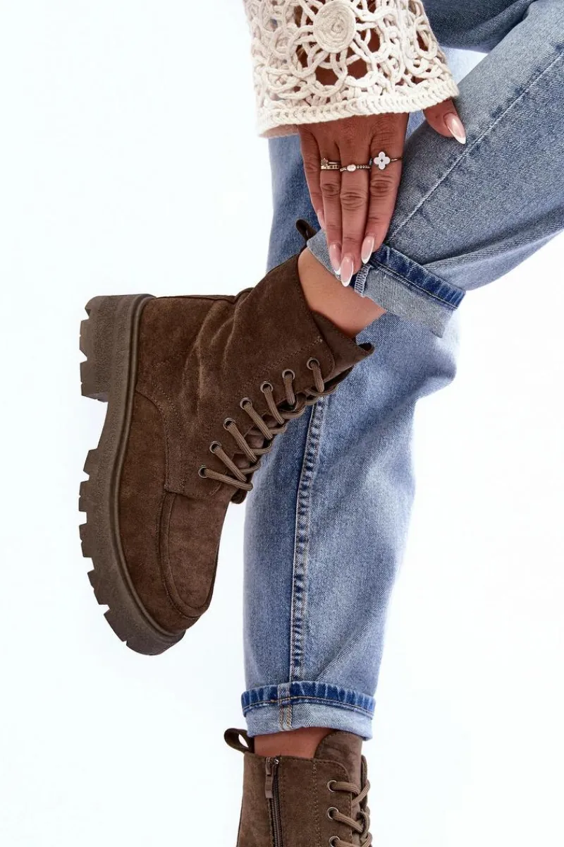 Best Zamszowe Botki Trapery Ocieplane Na Płaskim Obcasie Ciemnozielone Zikey Damskie Damskie Trapery|Botki Sznurowane