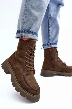 Best Zamszowe Botki Trapery Ocieplane Na Płaskim Obcasie Ciemnozielone Zikey Damskie Damskie Trapery|Botki Sznurowane