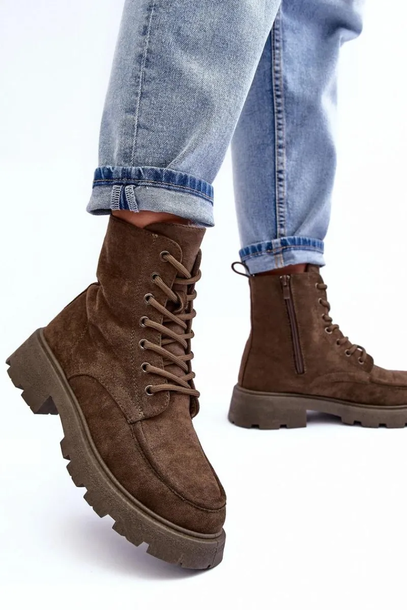 Best Zamszowe Botki Trapery Ocieplane Na Płaskim Obcasie Ciemnozielone Zikey Damskie Damskie Trapery|Botki Sznurowane