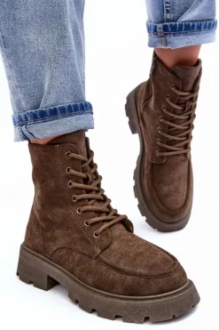 Best Zamszowe Botki Trapery Ocieplane Na Płaskim Obcasie Ciemnozielone Zikey Damskie Damskie Trapery|Botki Sznurowane