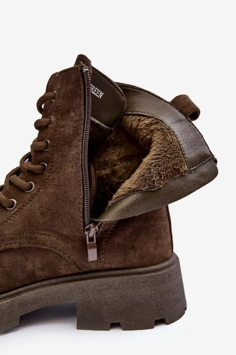 Best Zamszowe Botki Trapery Ocieplane Na Płaskim Obcasie Ciemnozielone Zikey Damskie Damskie Trapery|Botki Sznurowane