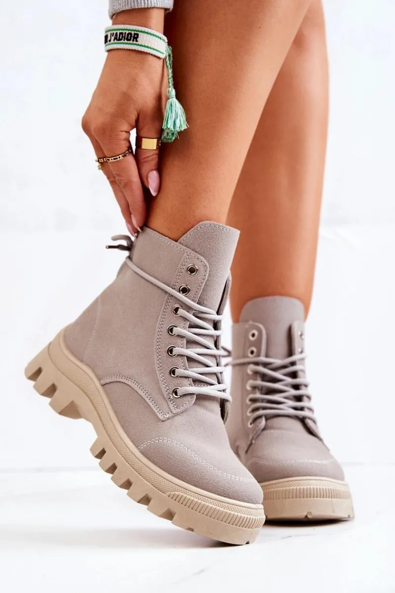 New Zamszowe Botki Trapery Wiązane Szare Hurricane Damskie Damskie Trapery|Botki Sznurowane