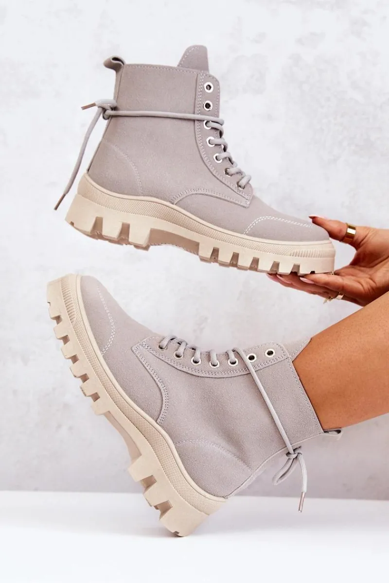 New Zamszowe Botki Trapery Wiązane Szare Hurricane Damskie Damskie Trapery|Botki Sznurowane