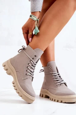 New Zamszowe Botki Trapery Wiązane Szare Hurricane Damskie Damskie Trapery|Botki Sznurowane