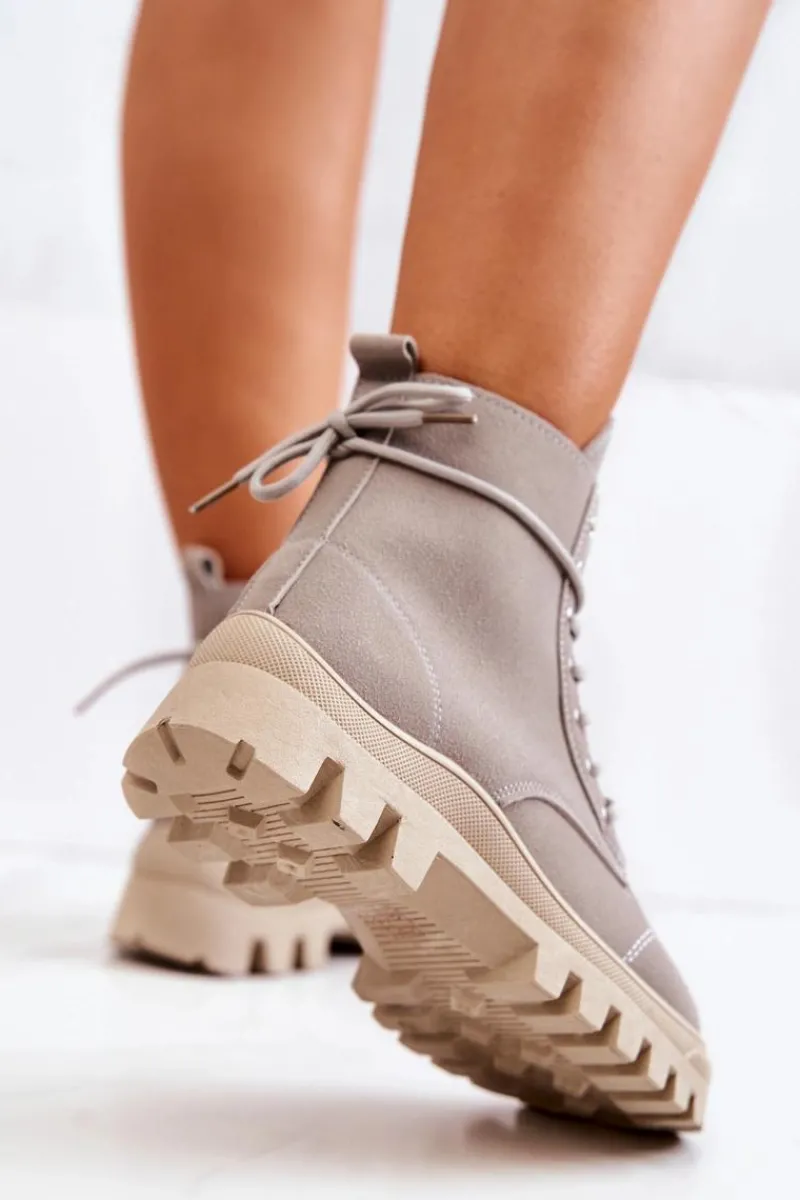 New Zamszowe Botki Trapery Wiązane Szare Hurricane Damskie Damskie Trapery|Botki Sznurowane