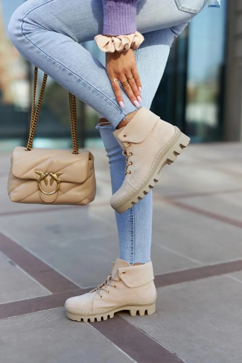 Outlet Damskie buty S.Barski Zamszowe Botki Trapery Wiązane Jasnobeżowe Dalles Beżowy