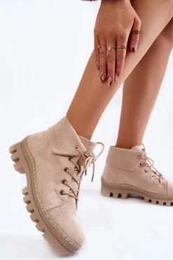 Outlet Damskie buty S.Barski Zamszowe Botki Trapery Wiązane Jasnobeżowe Dalles Beżowy