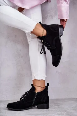 Hot Boto Zamszowe Botki Trzewiki Sznurowane Nicole 2781 Czarne