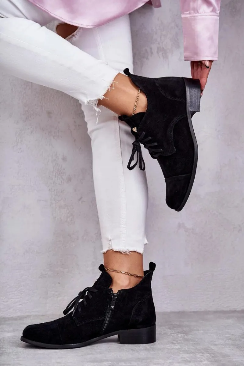 Hot Boto Zamszowe Botki Trzewiki Sznurowane Nicole 2781 Czarne