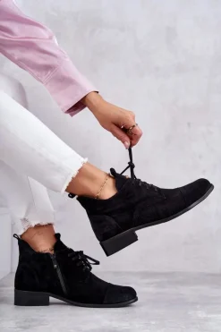 Hot Boto Zamszowe Botki Trzewiki Sznurowane Nicole 2781 Czarne