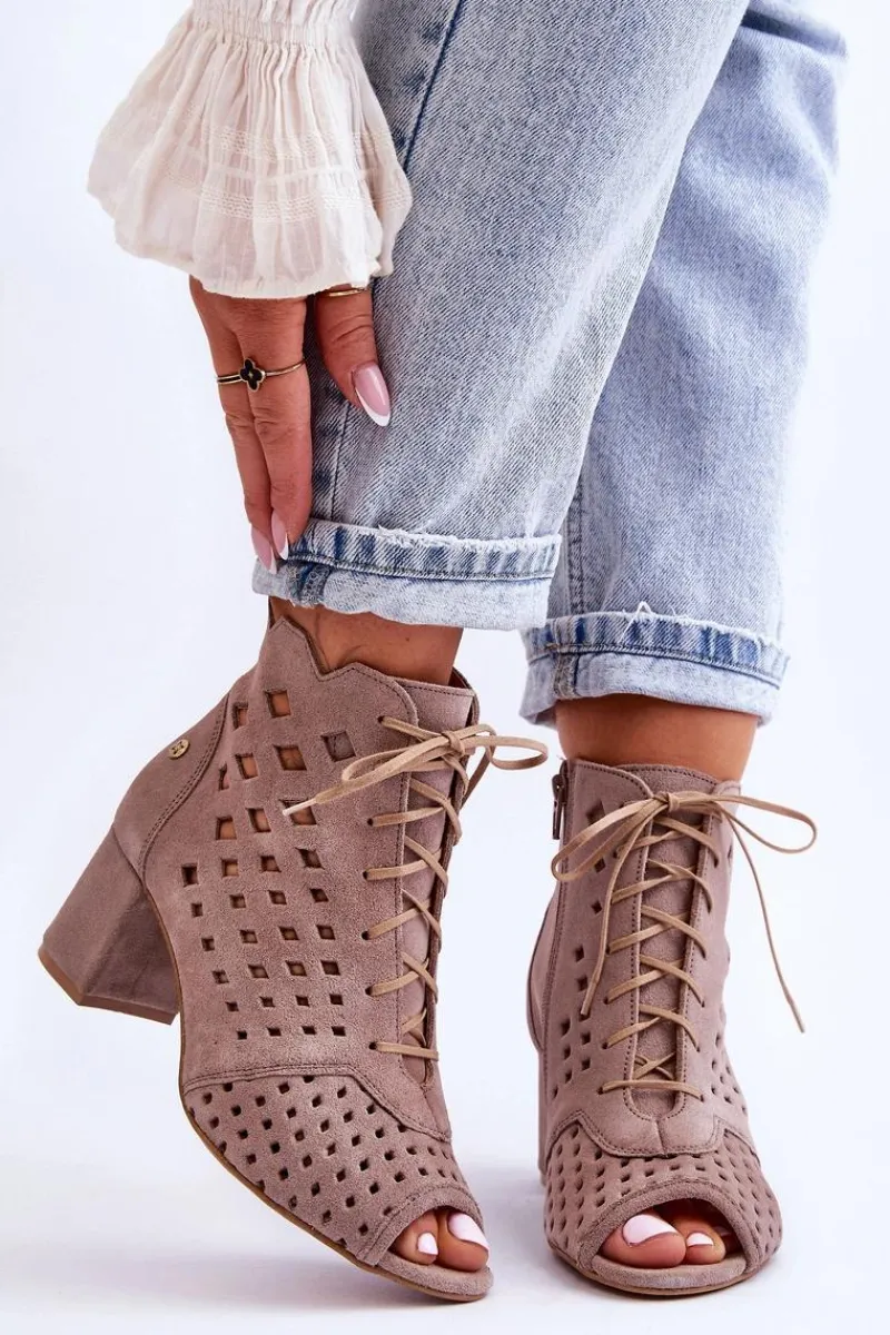 Clearance Zamszowe Botki W Ażurowy Wzór 05966-10 Ciemnobeżowe Damskie Botki Wiosenne|Botki Maciejka