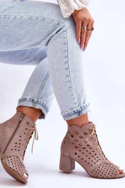 Clearance Zamszowe Botki W Ażurowy Wzór 05966-10 Ciemnobeżowe Damskie Botki Wiosenne|Botki Maciejka