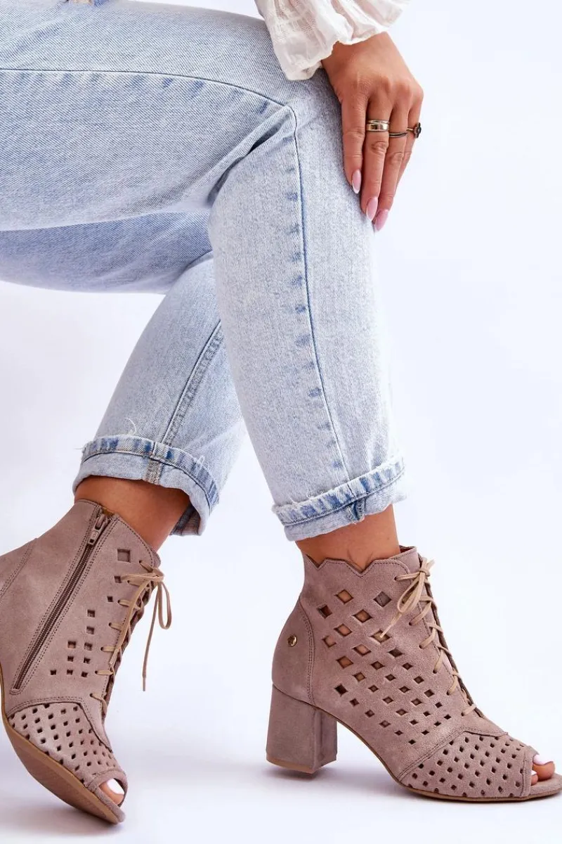 Clearance Zamszowe Botki W Ażurowy Wzór 05966-10 Ciemnobeżowe Damskie Botki Wiosenne|Botki Maciejka