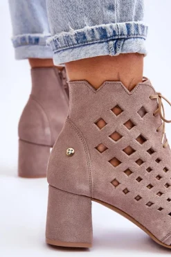 Clearance Zamszowe Botki W Ażurowy Wzór 05966-10 Ciemnobeżowe Damskie Botki Wiosenne|Botki Maciejka