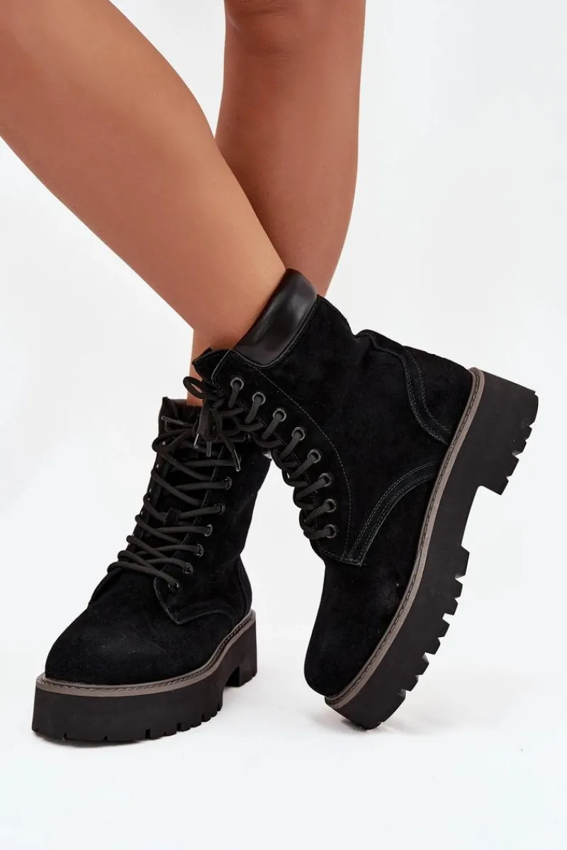 Outlet Big Star Shoes Zamszowe Botki Workery Damskie Sznurowane Big Star SS274791 Czarne Czarny