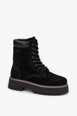 Outlet Big Star Shoes Zamszowe Botki Workery Damskie Sznurowane Big Star SS274791 Czarne Czarny