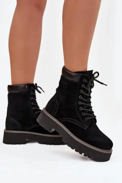 Outlet Big Star Shoes Zamszowe Botki Workery Damskie Sznurowane Big Star SS274791 Czarne Czarny