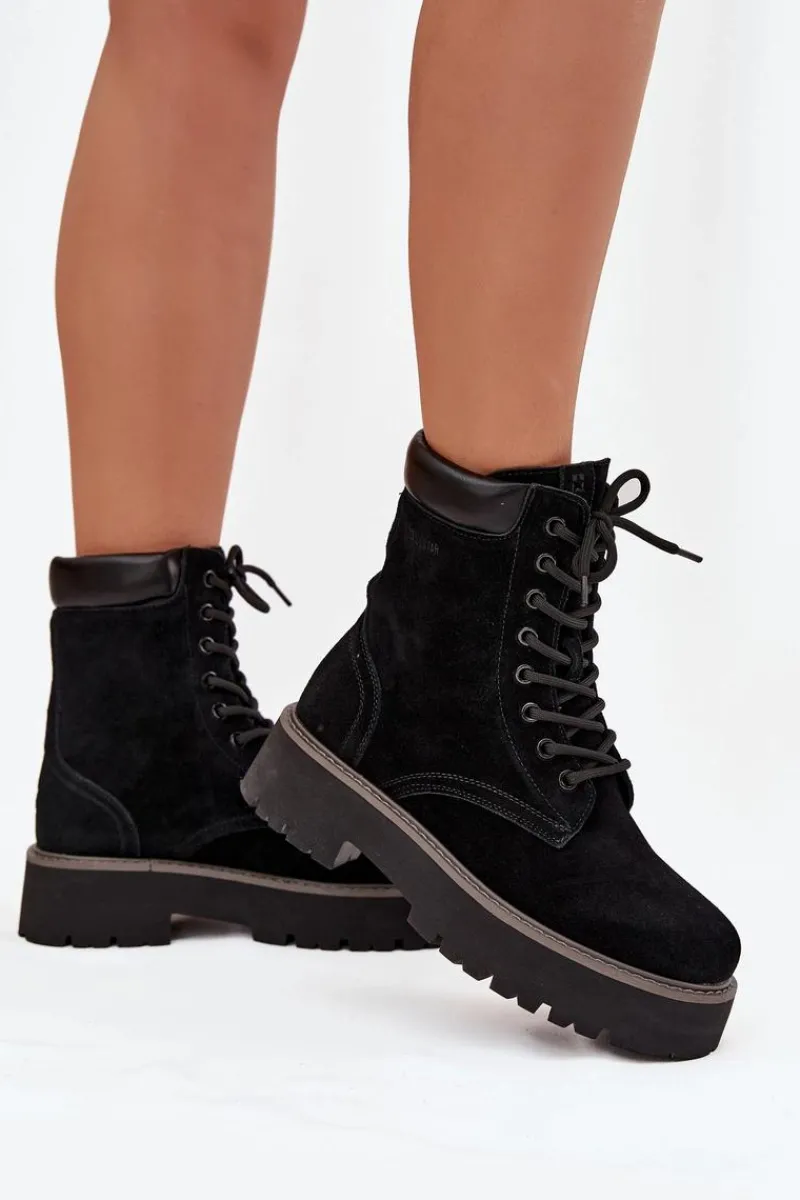 Outlet Big Star Shoes Zamszowe Botki Workery Damskie Sznurowane Big Star SS274791 Czarne Czarny