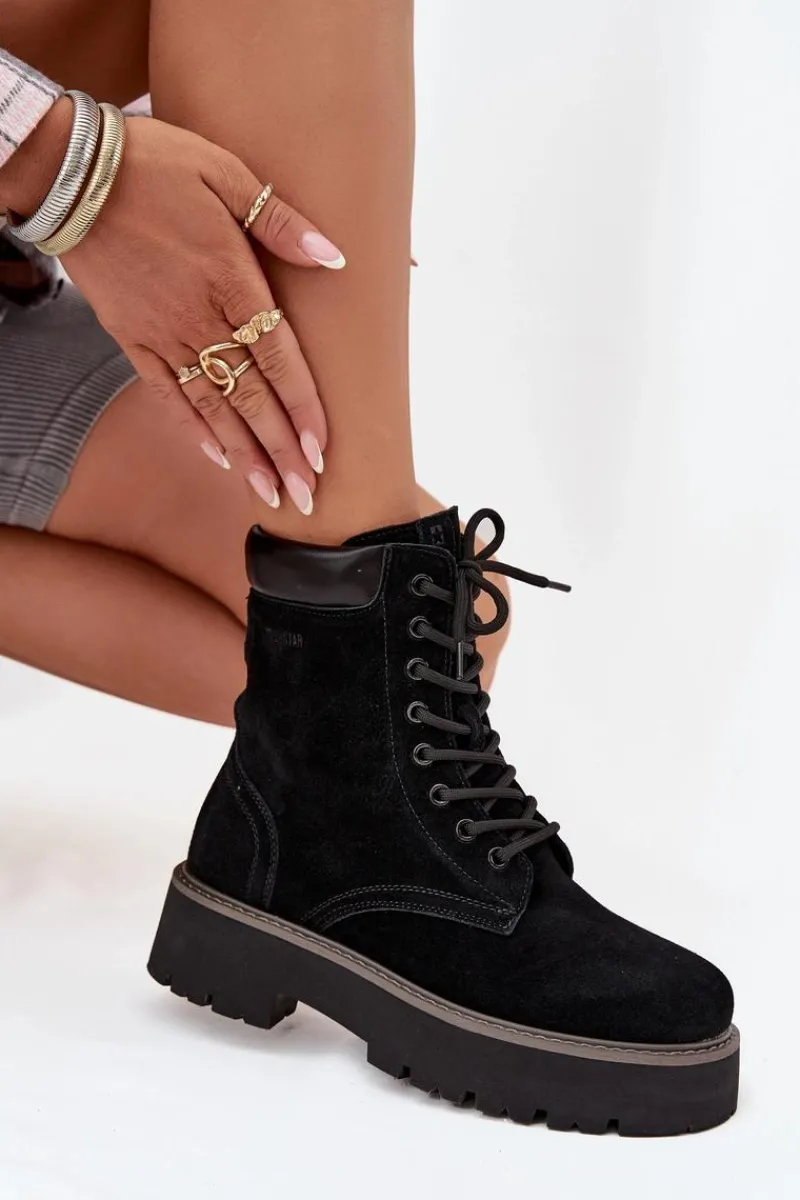 Outlet Big Star Shoes Zamszowe Botki Workery Damskie Sznurowane Big Star SS274791 Czarne Czarny