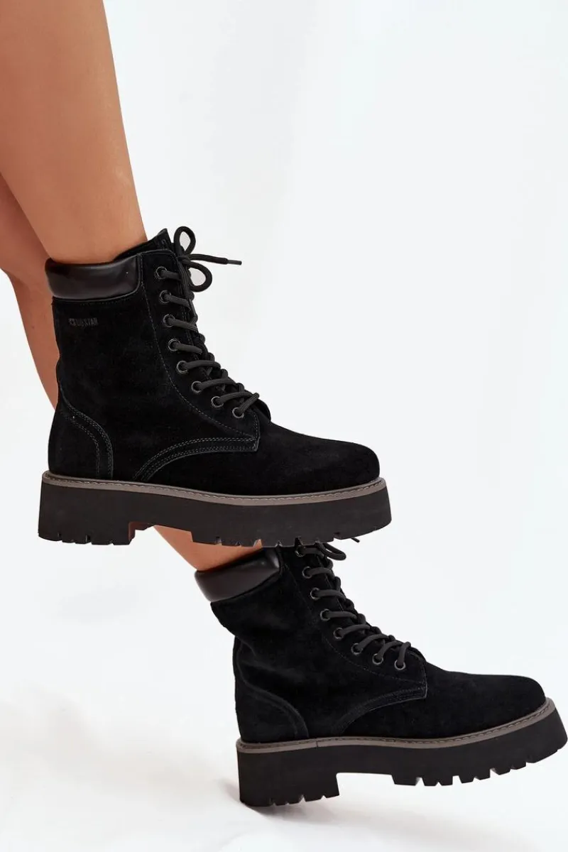 Outlet Big Star Shoes Zamszowe Botki Workery Damskie Sznurowane Big Star SS274791 Czarne Czarny