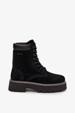 Outlet Big Star Shoes Zamszowe Botki Workery Damskie Sznurowane Big Star SS274791 Czarne Czarny