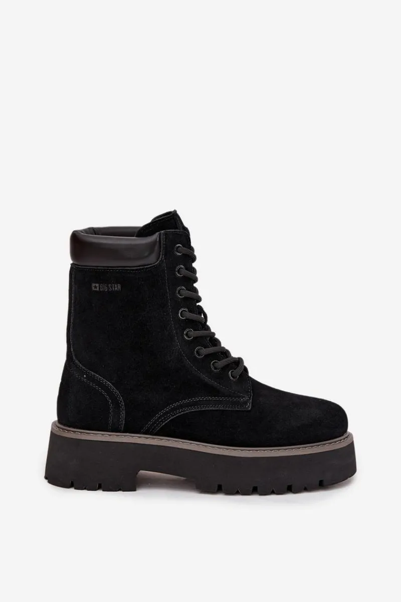 Outlet Big Star Shoes Zamszowe Botki Workery Damskie Sznurowane Big Star SS274791 Czarne Czarny