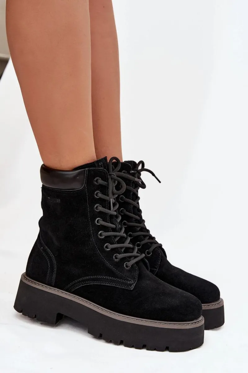 Outlet Big Star Shoes Zamszowe Botki Workery Damskie Sznurowane Big Star SS274791 Czarne Czarny