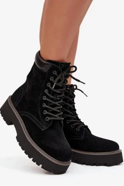 Outlet Big Star Shoes Zamszowe Botki Workery Damskie Sznurowane Big Star SS274791 Czarne Czarny