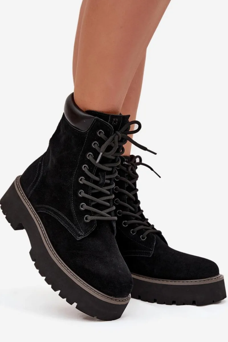 Outlet Big Star Shoes Zamszowe Botki Workery Damskie Sznurowane Big Star SS274791 Czarne Czarny