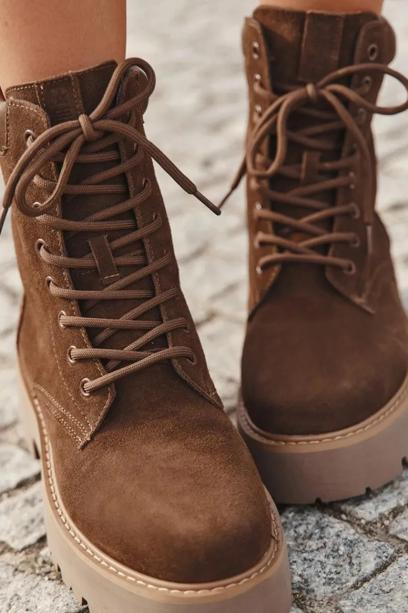 Outlet Zamszowe Botki Workery Damskie Sznurowane Big Star SS274792 Brązowe Damskie Botki Ocieplane|Damskie Trapery