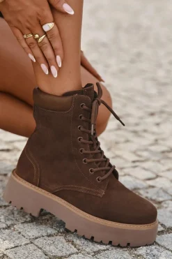 Outlet Zamszowe Botki Workery Damskie Sznurowane Big Star SS274792 Brązowe Damskie Botki Ocieplane|Damskie Trapery