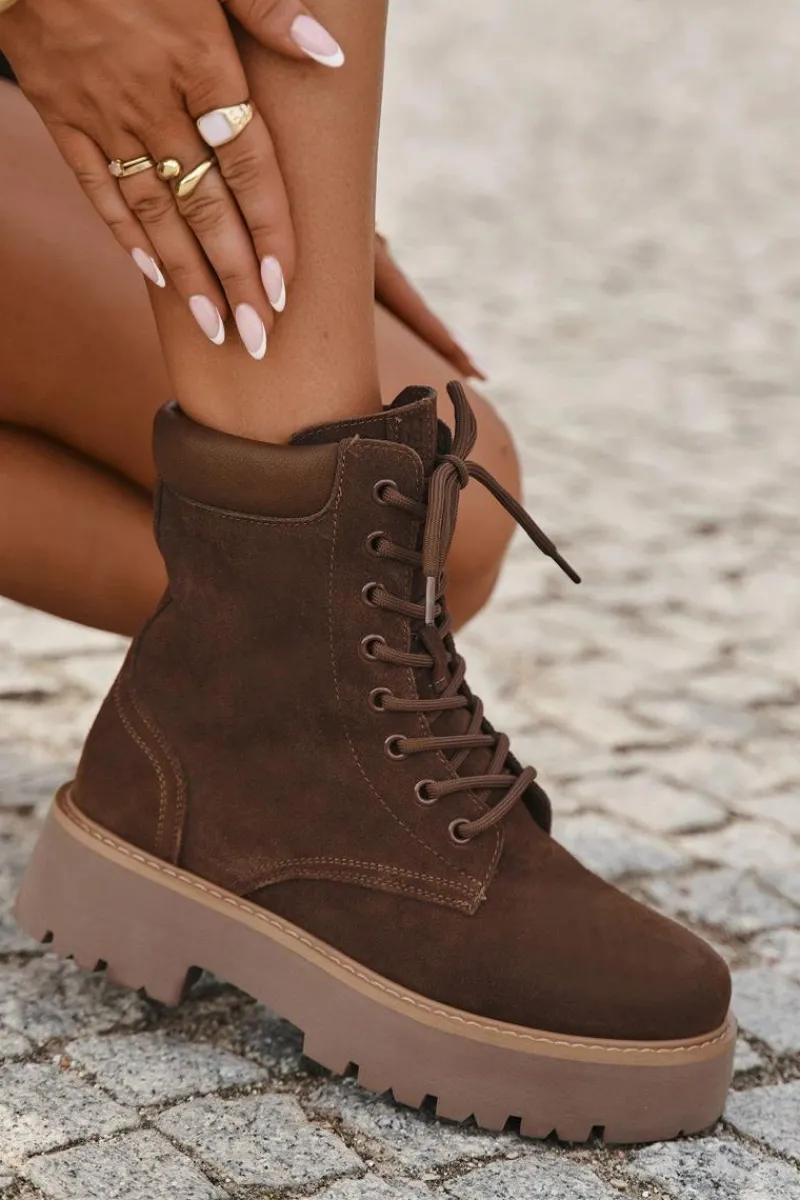 Outlet Zamszowe Botki Workery Damskie Sznurowane Big Star SS274792 Brązowe Damskie Botki Ocieplane|Damskie Trapery