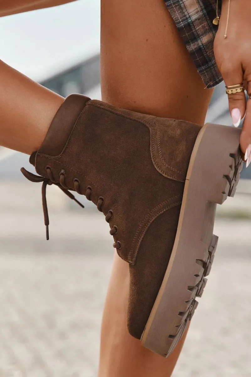 Outlet Zamszowe Botki Workery Damskie Sznurowane Big Star SS274792 Brązowe Damskie Botki Ocieplane|Damskie Trapery