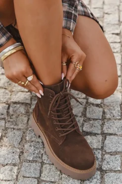 Outlet Zamszowe Botki Workery Damskie Sznurowane Big Star SS274792 Brązowe Damskie Botki Ocieplane|Damskie Trapery