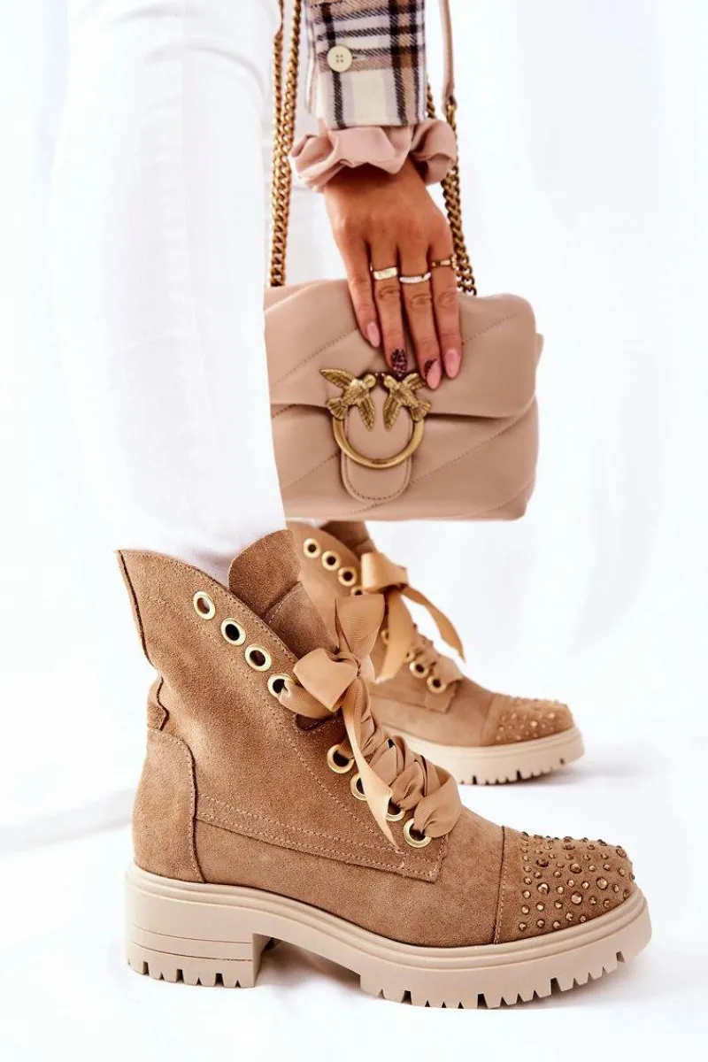 Sale Boto Zamszowe Botki Workery Lewski Shoes Wiązane 3069 Piaskowe