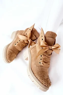 Sale Boto Zamszowe Botki Workery Lewski Shoes Wiązane 3069 Piaskowe