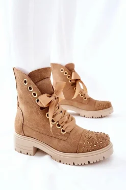 Sale Boto Zamszowe Botki Workery Lewski Shoes Wiązane 3069 Piaskowe