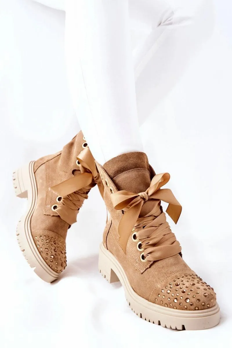 Sale Boto Zamszowe Botki Workery Lewski Shoes Wiązane 3069 Piaskowe