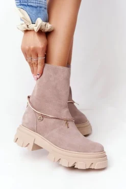 Hot Zamszowe Botki Workery Lewski Shoes 3006-0 Beżowe Damskie Botki Wiosenne|Brązowe I Beżowe Botki