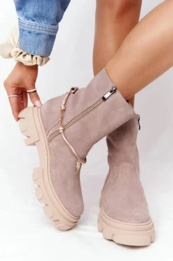 Hot Zamszowe Botki Workery Lewski Shoes 3006-0 Beżowe Damskie Botki Wiosenne|Brązowe I Beżowe Botki