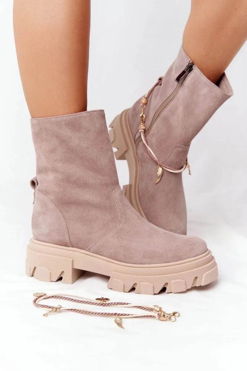 Hot Zamszowe Botki Workery Lewski Shoes 3006-0 Beżowe Damskie Botki Wiosenne|Brązowe I Beżowe Botki