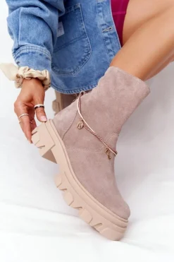 Hot Zamszowe Botki Workery Lewski Shoes 3006-0 Beżowe Damskie Botki Wiosenne|Brązowe I Beżowe Botki