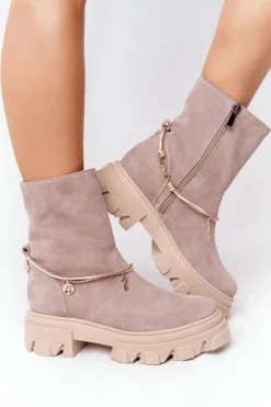 Hot Zamszowe Botki Workery Lewski Shoes 3006-0 Beżowe Damskie Botki Wiosenne|Brązowe I Beżowe Botki